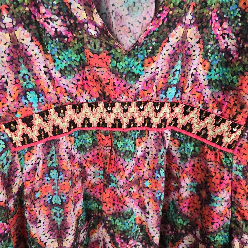 OndadeMar Boho Kaftan Swim Cover‎ Up Small Multicolor Beaded Sequin Waist